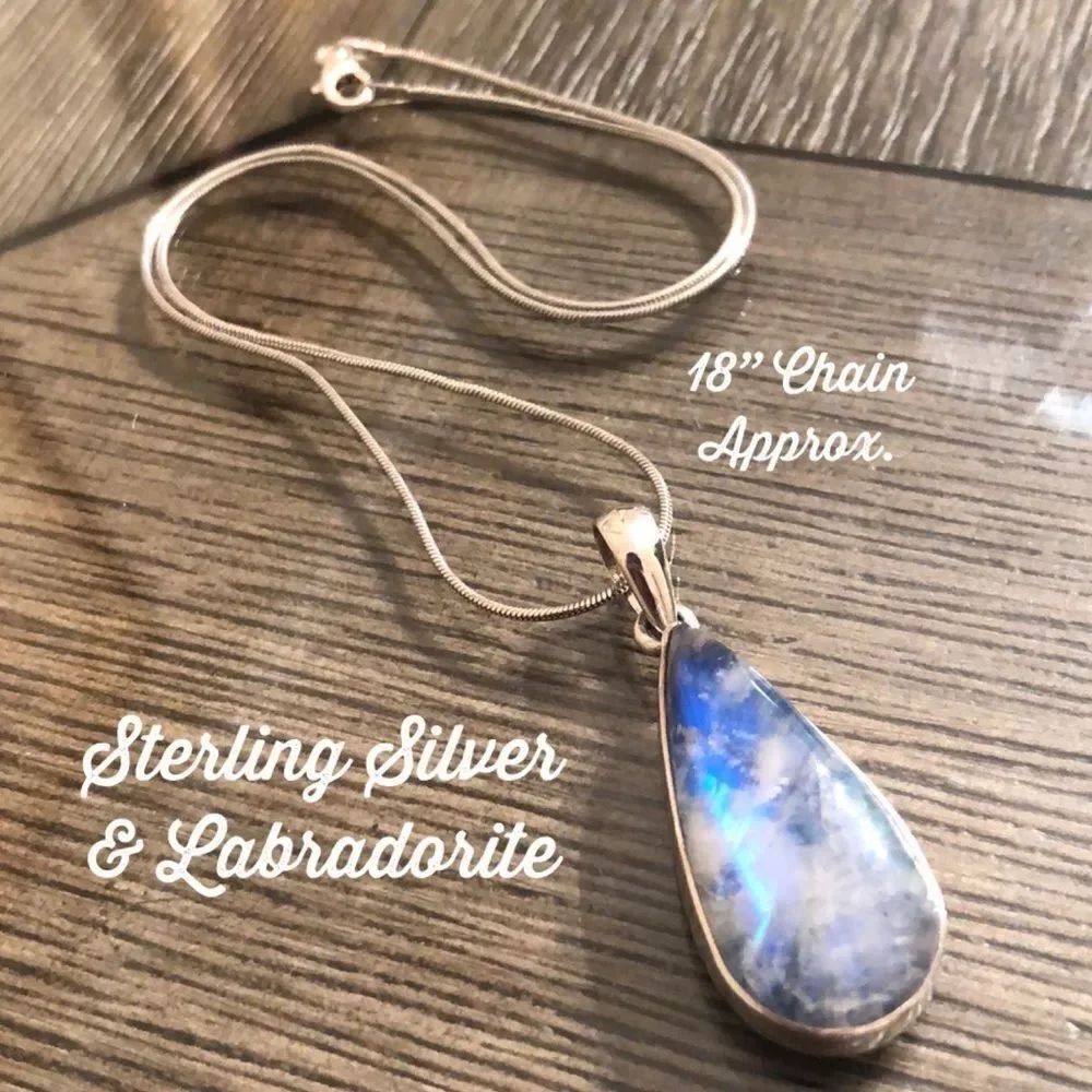 Vintage Blue Labradorite Tear Drop Pendant with Chain